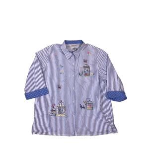 Vintage 80s Striped Button Down Shirt Womens XL Embroidered Birds Cottagecore